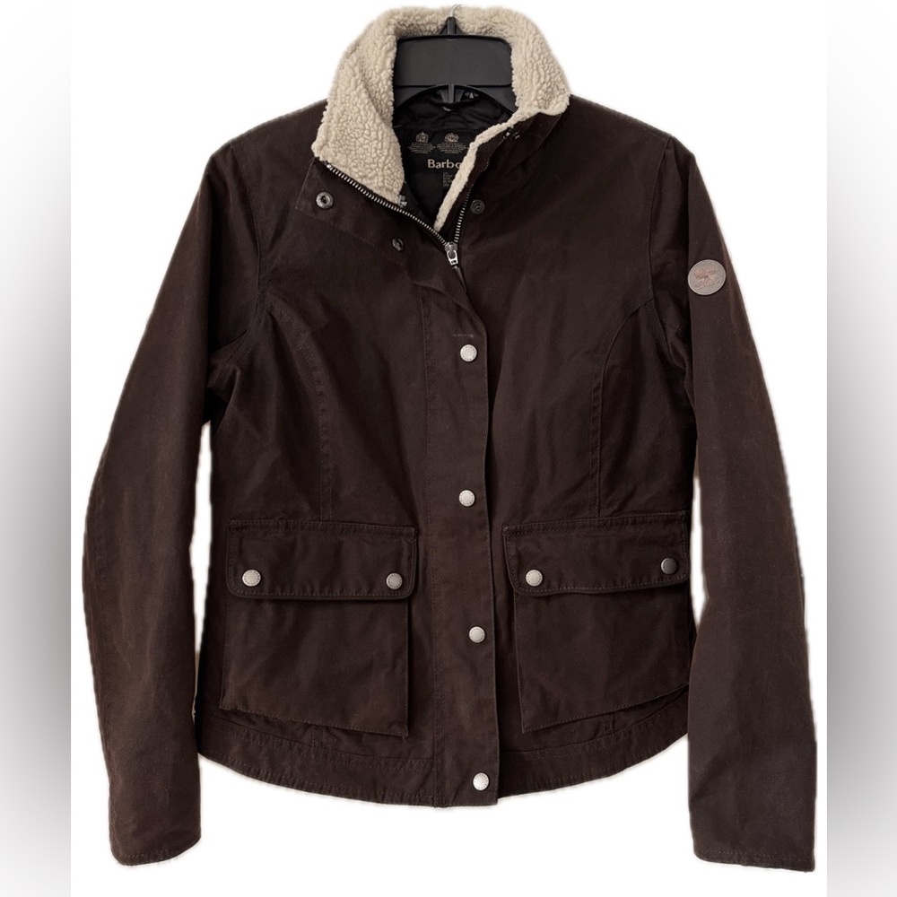 Barbour Waxed Cotton Utility Jacket Dark Brown Sz 6 Sherpa Collar Double Zip